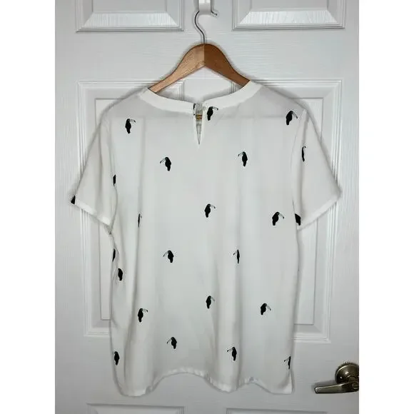 Ann Taylor Loft Outlet Women's White Toucan Print Top Blouse Shirt Size Large - Picture 6 of 7